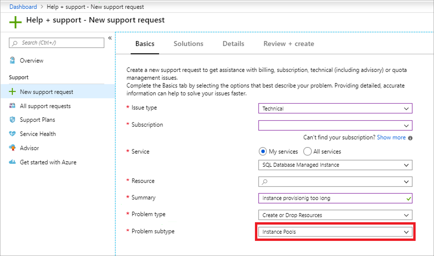 Screenshot of the Instance pools support request in the Azure portal.