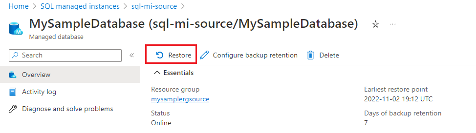 Restore a database by using the Azure portal