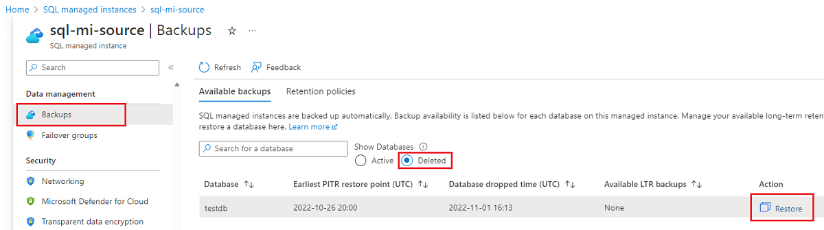 Screenshot of restore deleted Azure SQL instance database