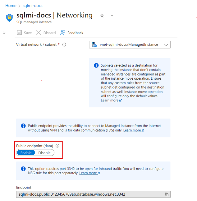 Screenshot shows the Virtual network page of SQL Managed Instance with the Public endpoint enabled.