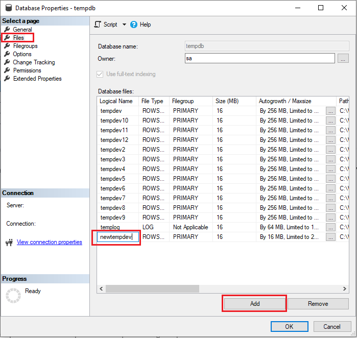Screenshot of Database Properties in SSMS, with new database file name highlighted.