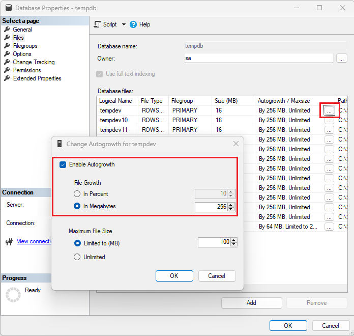 Screenshot of Change Autogrowth for tempdev in SSMS, with new database file name highlighted.