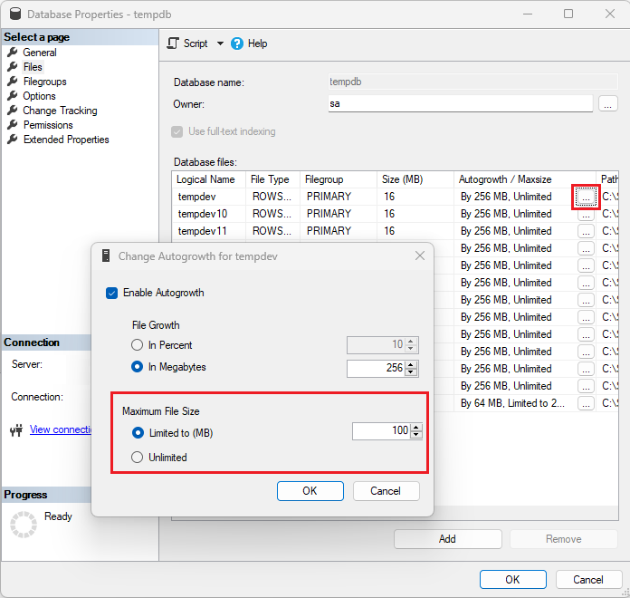 Screenshot of the change autogrowth dialog box in SSMS, with maximum file size highlighted. 