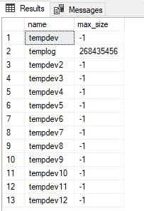 Screenshot of the query result window in SSMS showing the max size of tempdb files. 