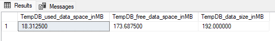 Screenshot of the query result in SSMS showing used and free space in the tempdb data file.