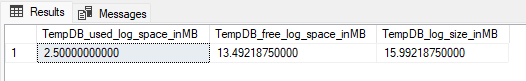Screenshot of the query result in SSMS showing used and free space in the tempdb log file.