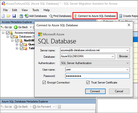 Screenshot of the "Connect to Azure SQL Database" pane for entering connection details.