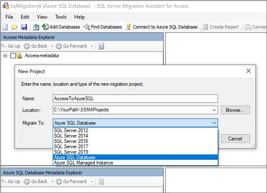 Screenshot of the "New Project" pane for entering your migration project name and location.