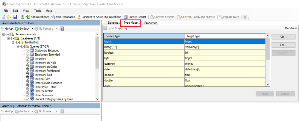 Screenshot of the "Type Mapping" pane in SSMA for Access.