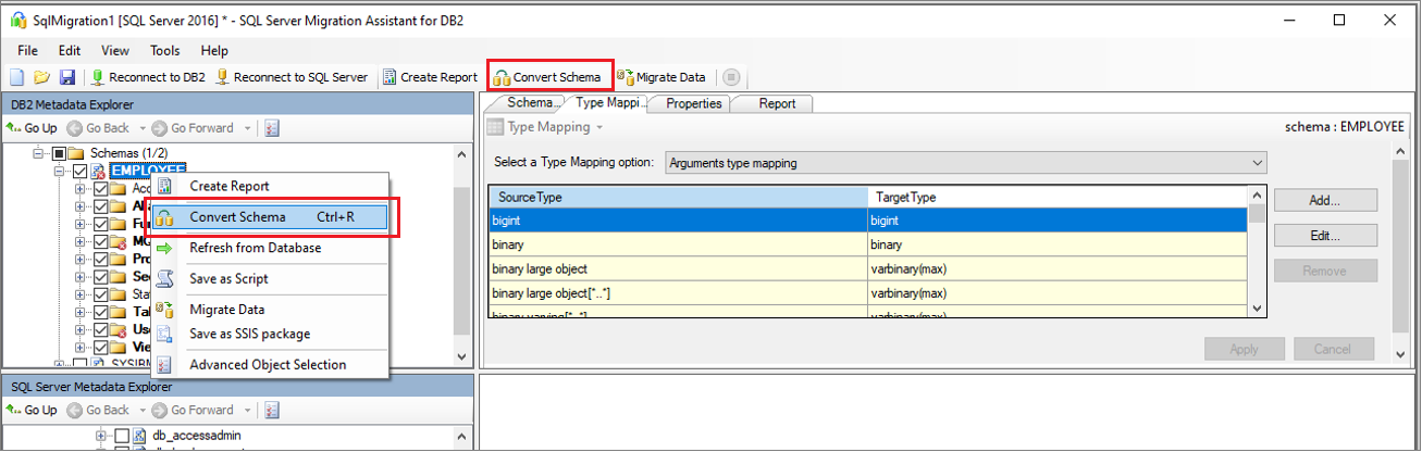 Screenshot that shows selecting the schema and converting it.
