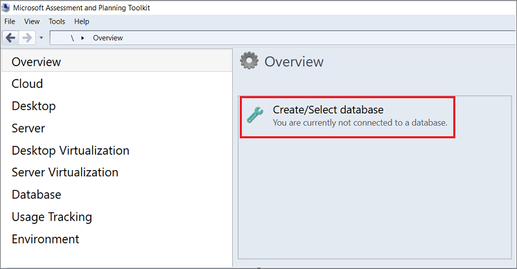 Screenshot that shows the Create/Select database option.