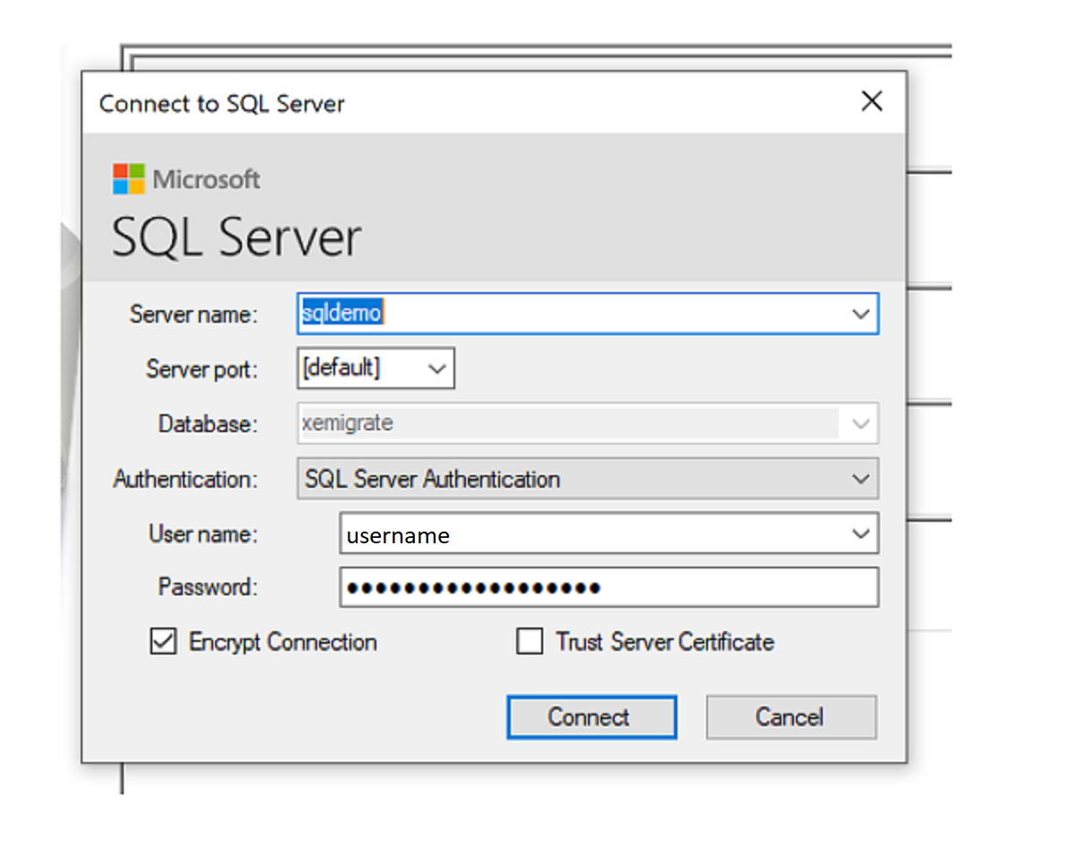 Screenshot that shows step to connect to  sql target.