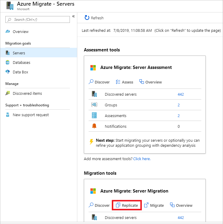 Screenshot of the Azure Migrate - Servers screen showing the Replicate button selected in Azure Migrate: Server Migration under Migration tools