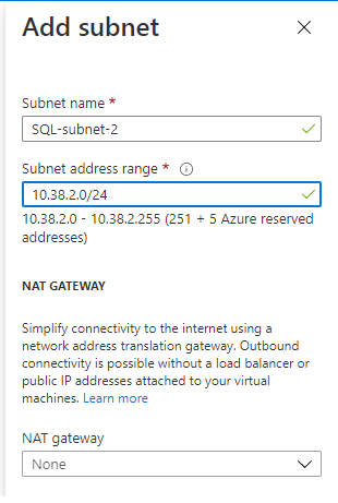 Name your second subnet, such as sql-subnet-2, and then iterate the third octet by 2, so that if your DC-subnet IP address is 10.38.0.0/24, your new subnet should be 10.38.2.0/24