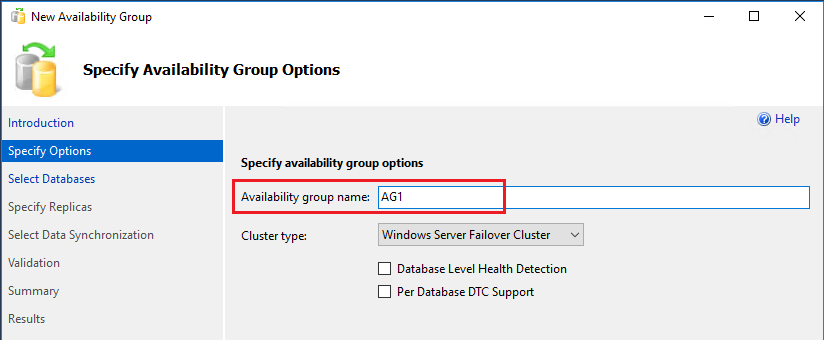 New availability group Wizard, Specify availability group Name