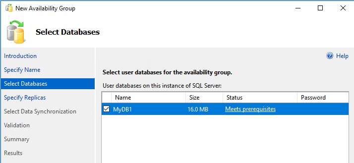 New availability group Wizard, Select Databases