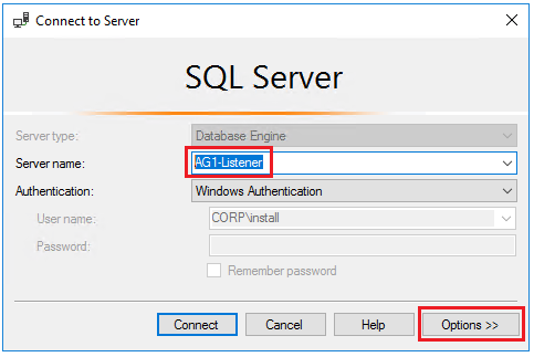 Open SQL Server Management Studio and in Server name: type the name of the listener, such as AG1-Listener