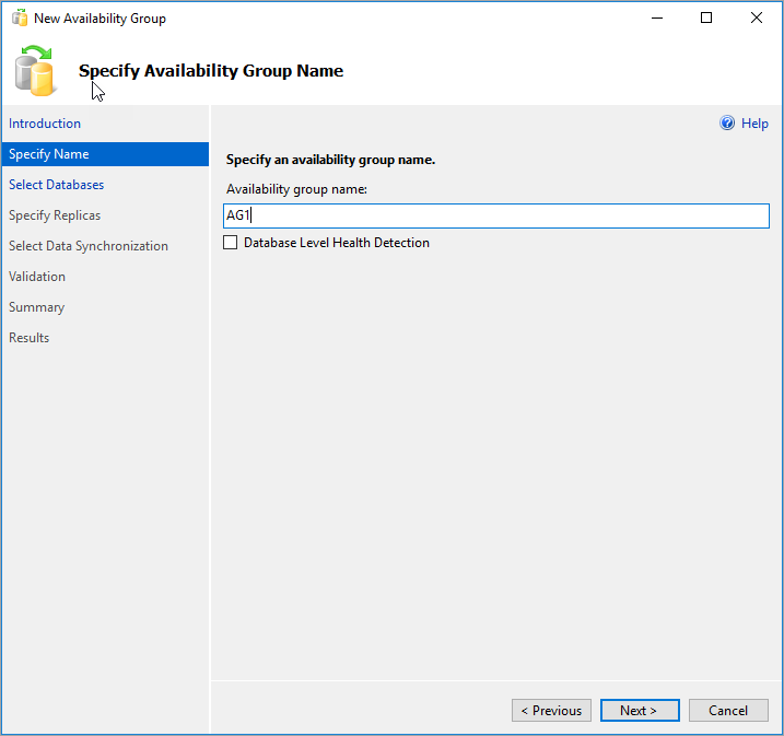 New availability group Wizard, Specify availability group Name