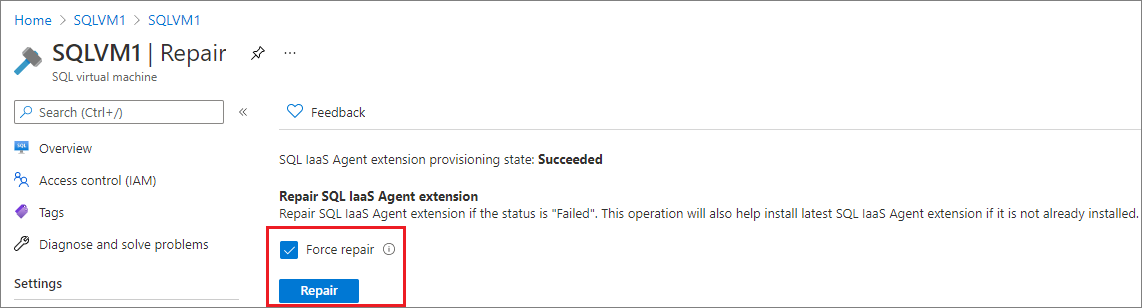 If your provisioning state shows as Failed, choose Repair to repair the extension. If your state is Succeeded you can check the box next to Force repair to repair the extension regardless of state.