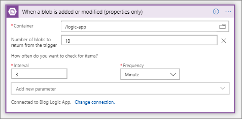 Screenshot shows the When a blob is added or modified dialog box where you can select a container.
