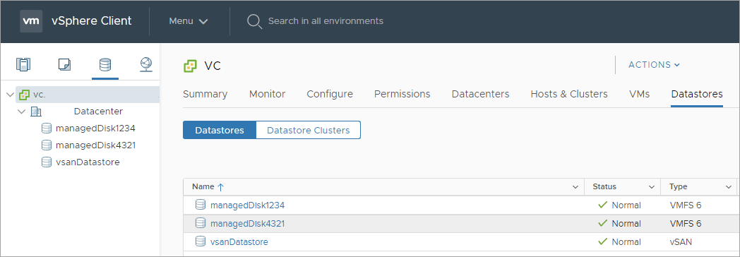 Screenshot of the vSphere experience, disk pools have been attached as datastores.