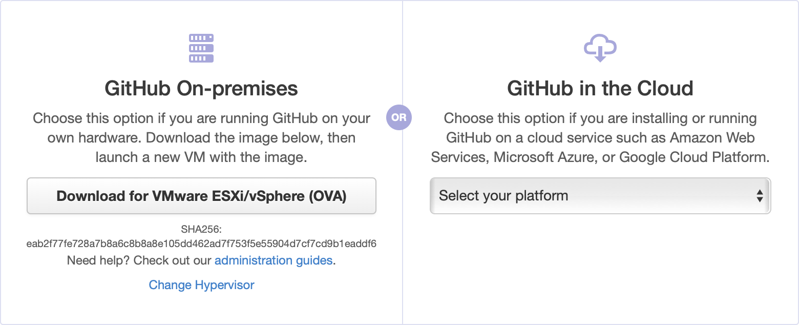 Screenshot showing the GitHub Enterprise Server on VMware installation options.