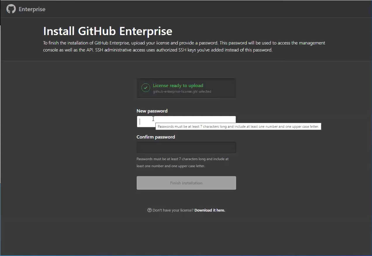 Screenshot of the Install GitHub Enterprise window.