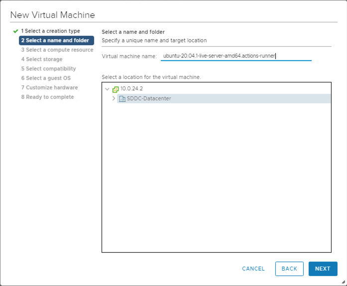 Screenshot showing the virtual machine name and location to provision a new VM.