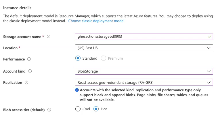 Screenshot showing the instance details to enter for provisioning an Azure Blob Storage account.