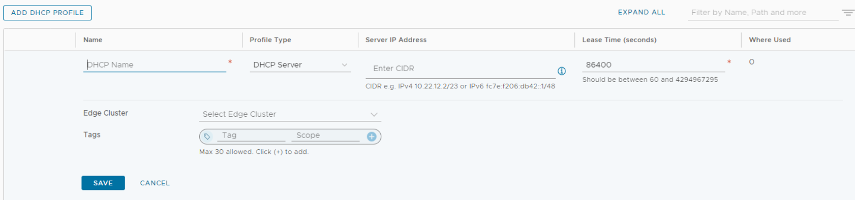 Screenshot showing how to add a DHCP Profile in NSX-T Manager.