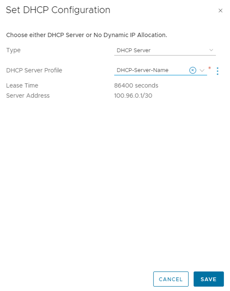 Screenshot showing how to edit the NSX-T Data Center Tier-1 Gateway for using a DHCP server.