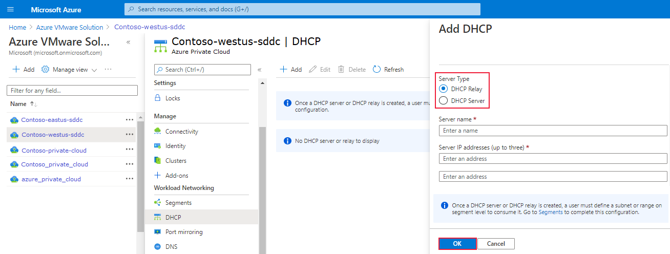 Screenshot showing how to add a DHCP server or DHCP relay in Azure VMware Solutions.