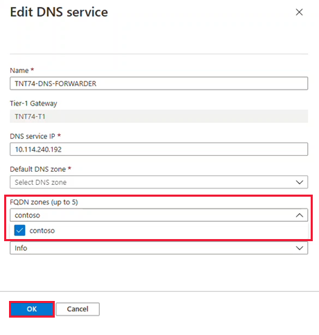 Screenshot showing the selected FQDN for the DNS service.