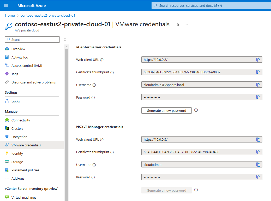 Screenshot showing the private cloud vCenter and NSX Manager URLs and credentials.