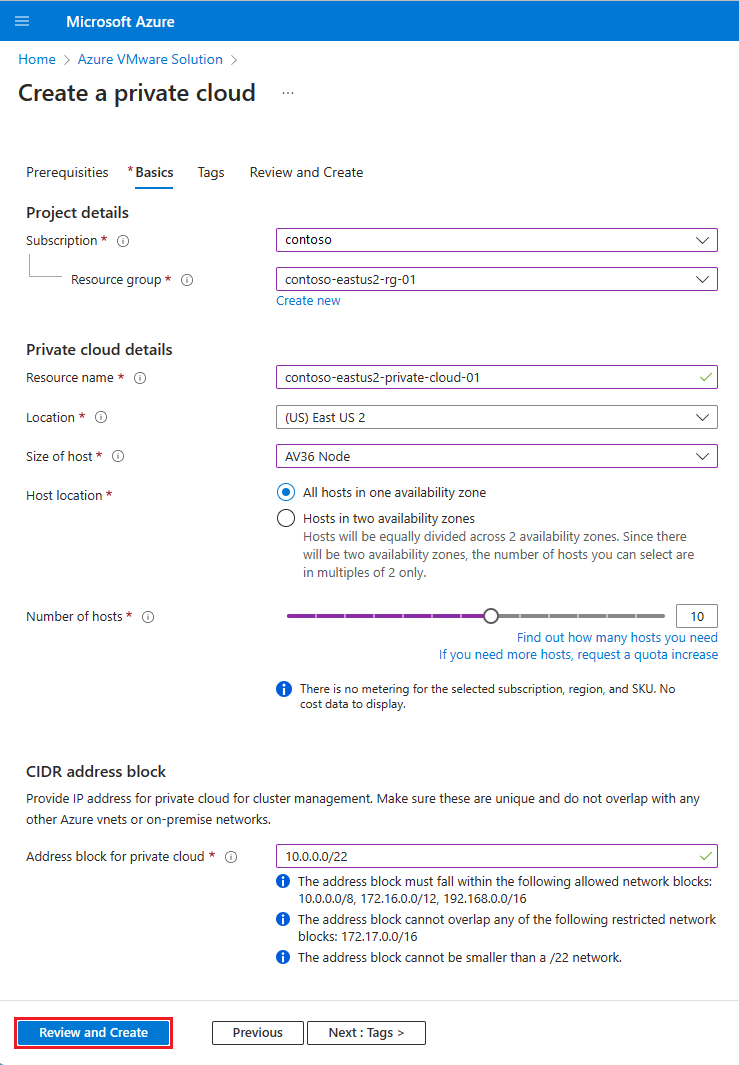 Screenshot showing the Basics tab on the Create a private cloud window.