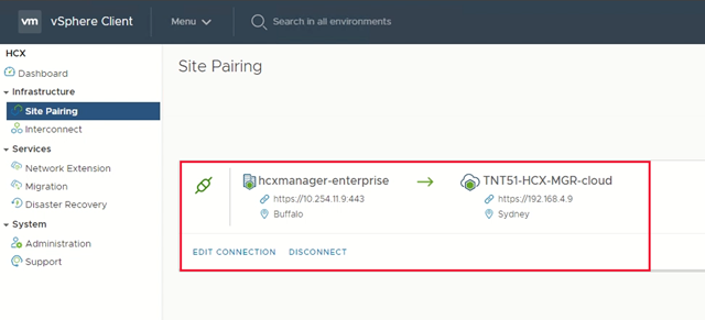 Screenshot showing the site pairing of the HCX Manager in Azure VMware Solution and the VMware HCX Connector.