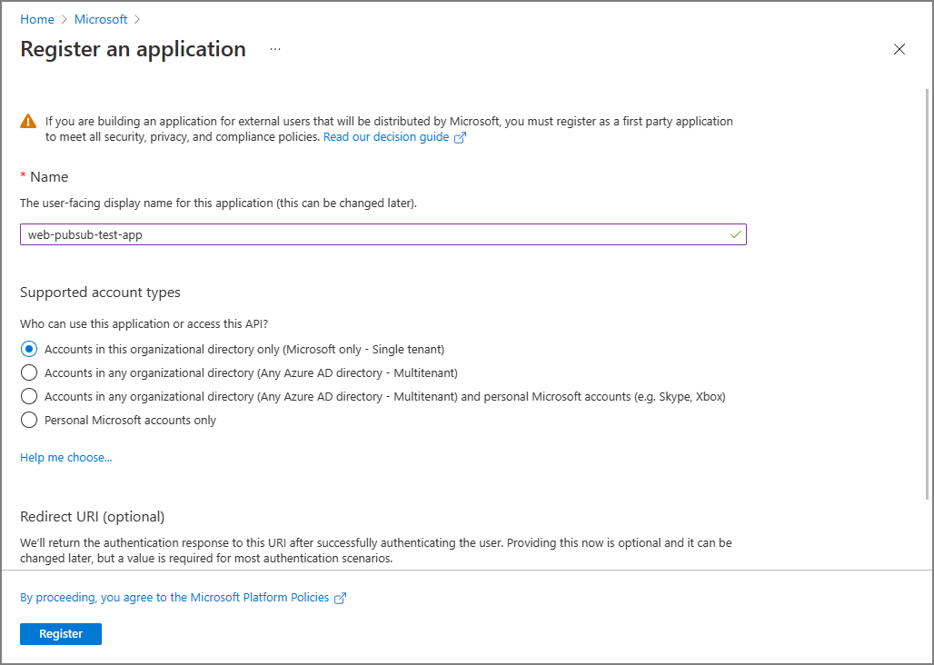Screenshot of registering an application.