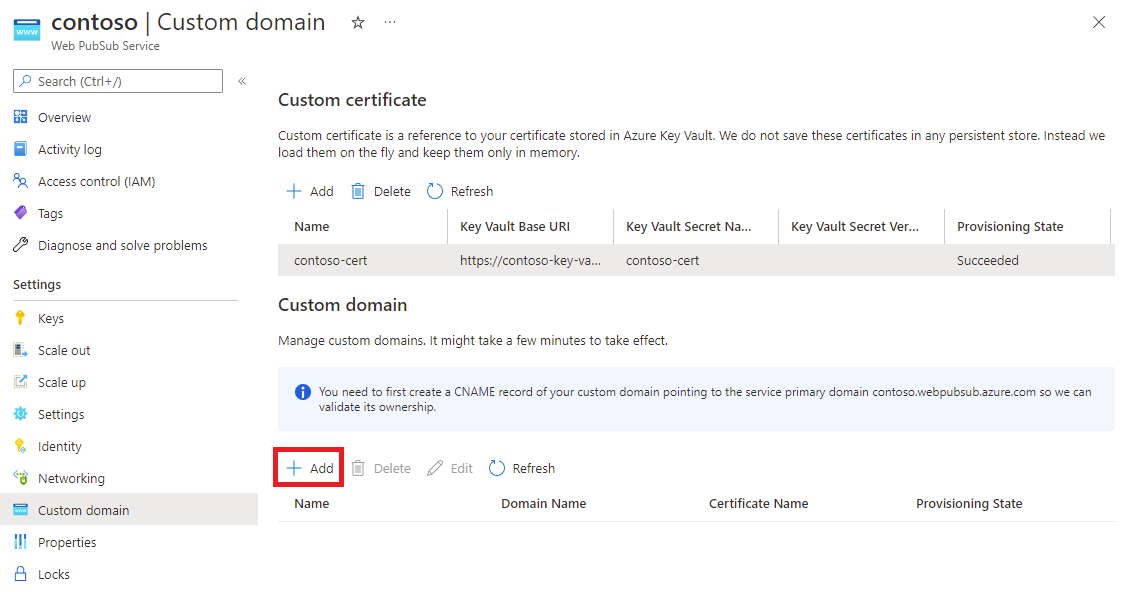 Screenshot of custom domain management.