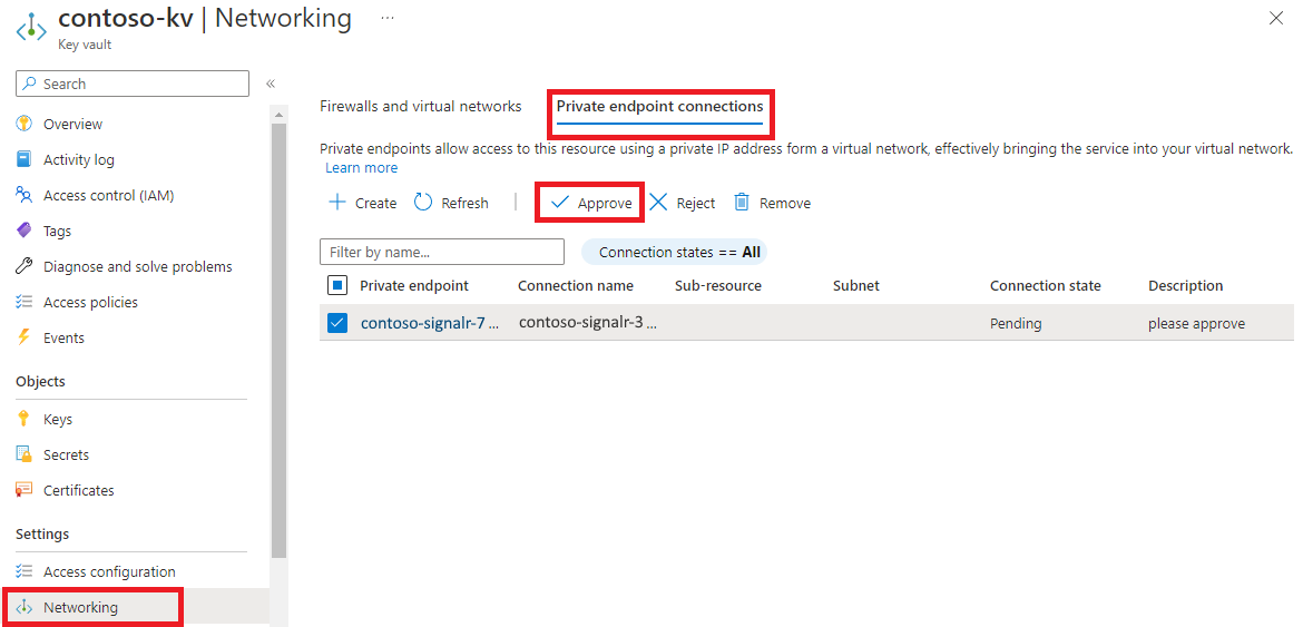 Screenshot of the Azure portal, showing the Private endpoint connections pane.