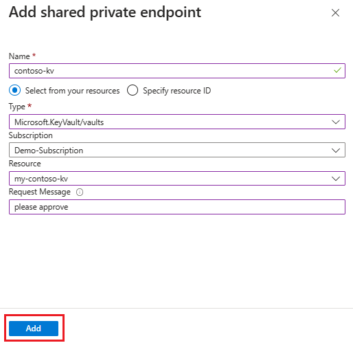 Screenshot of adding a shared private endpoint.
