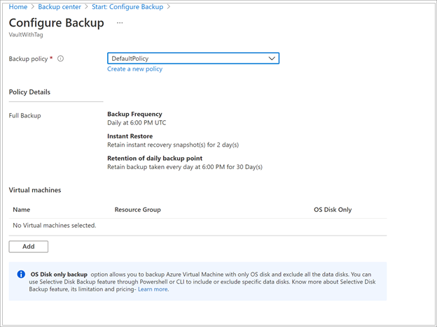 Screenshot showing the default backup policy.