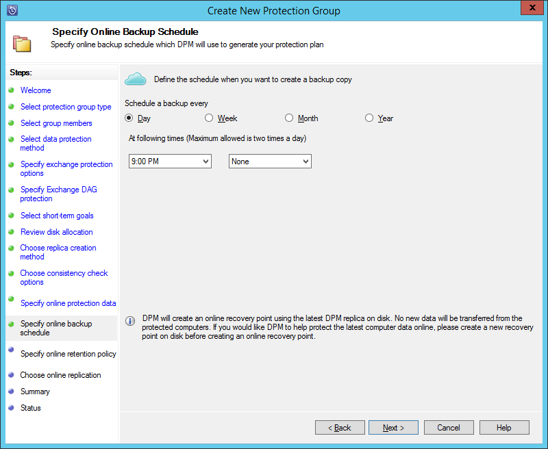 Screenshot shows how to specify online backup schedule.
