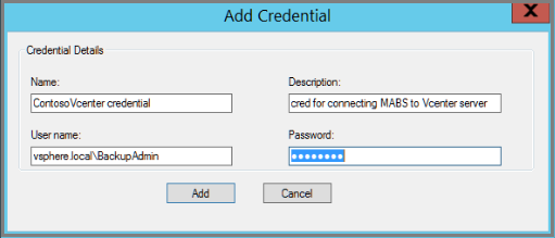 Azure Backup Server Add Credential dialog box