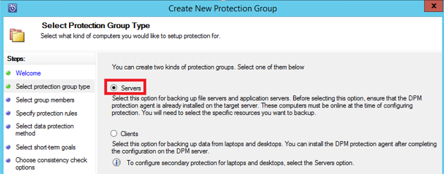Screenshot shows how to select Protection Group Type - Servers.