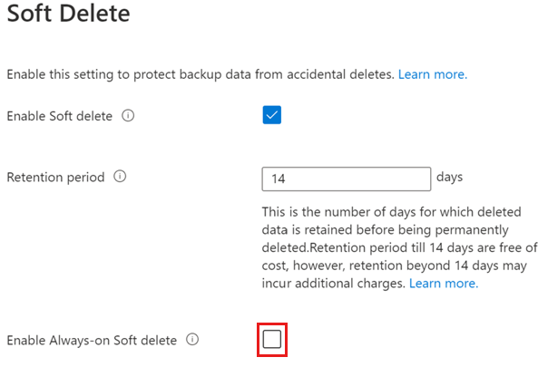 Screenshot showing you how to enable always-on state for Backup vault.