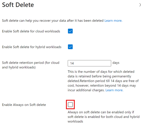 Screenshot showing you how to enable a;ways-on state of soft delete.