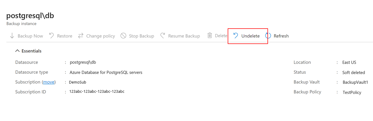 Screenshot showing how to start recovering deleted backup vault items from soft delete state.