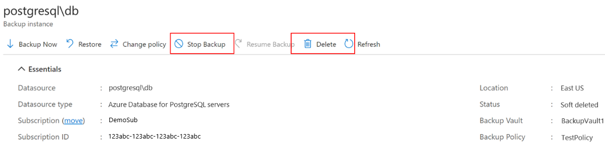 Screenshot showing how to initiate the stop backup process for backup items in Backup vault.