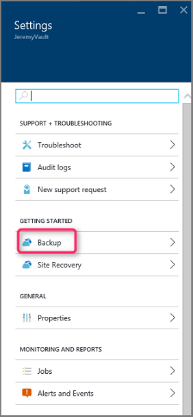 Screenshot showing the Backup option selected under Getting Started wizard.