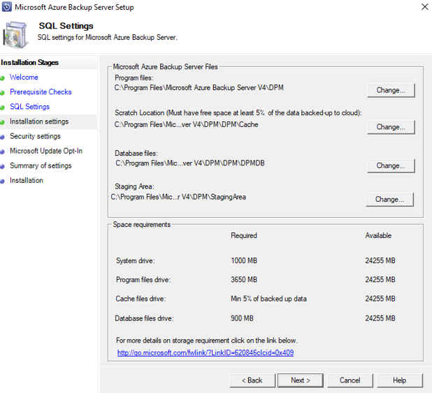 Screenshot showing the SQL Server settings.